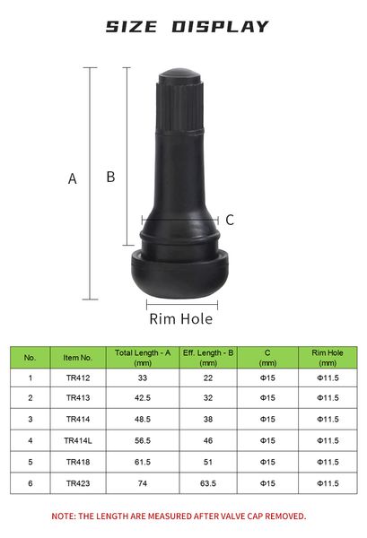 Válvulas de pneu de encaixe TR413 TR414 TR412 TR418 Hastes de válvula de pneu de borracha sem câmara EPDM Bocais de pneu com tampa de válvula de plástico Núcleo de latão