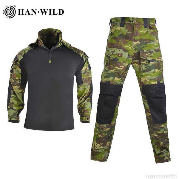 Calças masculinas Han Wild Tactical Tactical Suit de traje de combate Camisa+calça com almofadas Safari Airsoft Terno com capuz Combate uniforme militar Exército impermeável