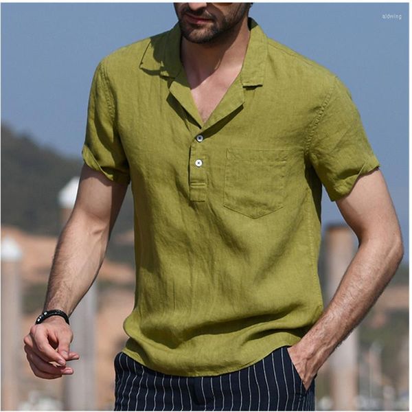 T-shirt da uomo T-shirt con risvolto in cotone da uomo T-shirt con colletto rovesciato di grandi dimensioni in lino largo Bottoni casual Slim Top Abbigliamento estivo