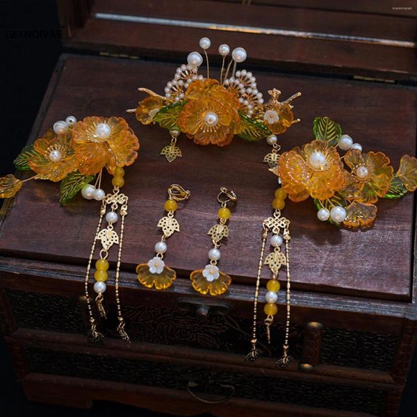 Halskette Ohrringe Set Frauen Haarnadel Ohrring Kopfschmuck Haarschmuck Gelbe Blume Perlennadeln Handgefertigter chinesischer Hanfu-Schmuck