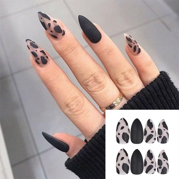 False Nails Girls Black Matte Fake Complet Cover com cola Stiletto Leopard Dips