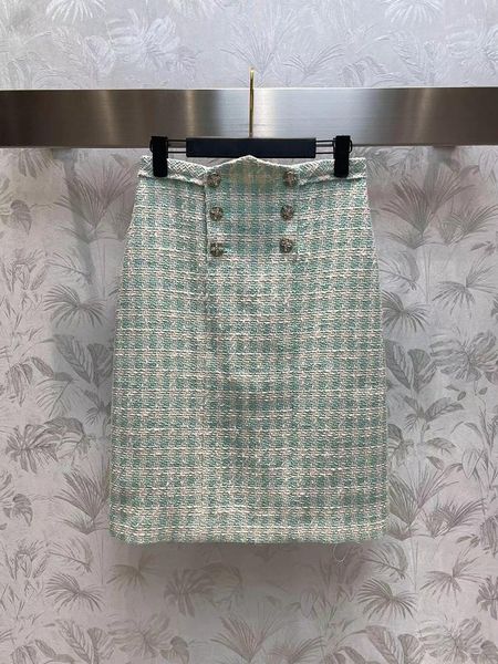 Юбки 2023 Мятая зеленая клетчатая юбка для твида для женщин высокий качество высокого талию кнопки шелковой подкладки