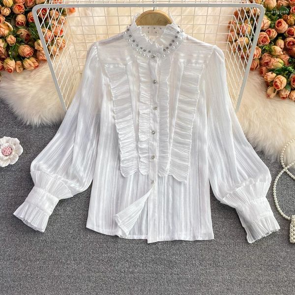 Blouses feminina Bished Diamond Stand Gollar Slave Shirts Roupas femininas Ruffles de outono Casual Casual Loose Solic Color