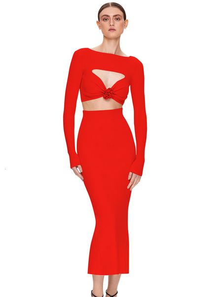 Платье с двумя частями Laura Kor Зимнее длинное рукав Ключевая отверстие цветочная красная мидибальная юбка для бодинга набор знаменитостей Ngiht Party's Women's 230520