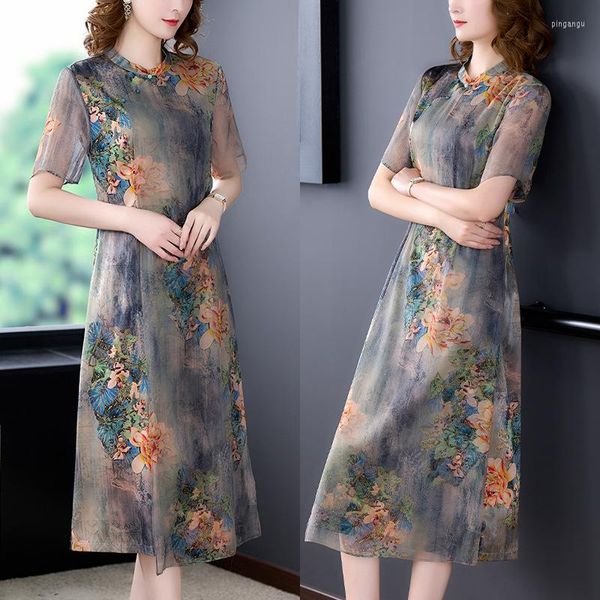 Lässige Kleider, Damen, seidiges Kleid, Cheongsam, Qi-Pao, Muttertagsgeschenk, elegantes Blumenmuster