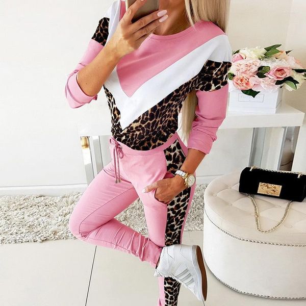 Frauen Zweiteilige Hosen Frauen Trainingsanzug Patchwork Leopard Oansatz Mit Kapuze Sweatshirt Und Jogginghose Teile Set Streetwear Weibliche Jogger Anzug