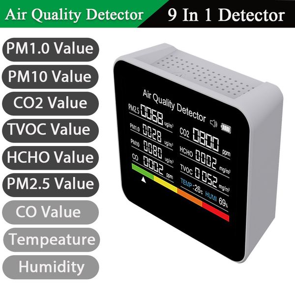 Contatori del gas 9 in 1 Monitor della qualità dell'aria Misuratore di CO2 Rilevatore di anidride carbonica CO2 CO TVOC HCHO PM2.5 PM1.0 PM10 Rilevamento dell'umidità della temperatura 230520