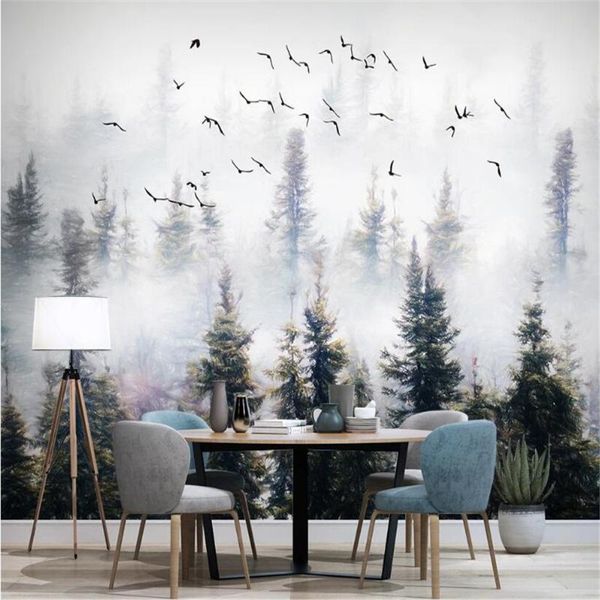 Sfondi Milofi Custom 3D Large Wall Paper Stile cinese dipinto a mano Pine Forest Cloud Bird TV Background Painting