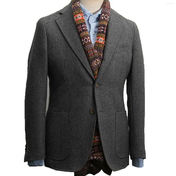 Ternos masculinos 2023 Autumn Winter Mass Vintage Herringbone Tweed Wool Retro Tuxedos Wedding Blazer Blend Jacket