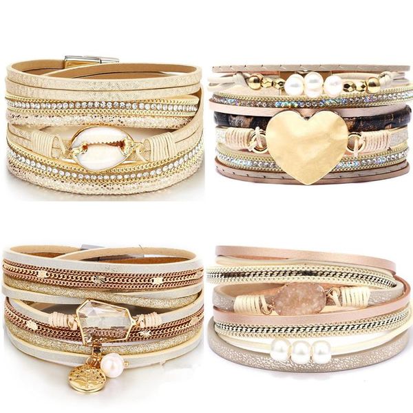 Pulseiras de tênis Diezi 2023 Multilayer Shell Heart Wrap for Women Gift Magnet Buckle Pu Leather Rhinestone Pearl Bangles