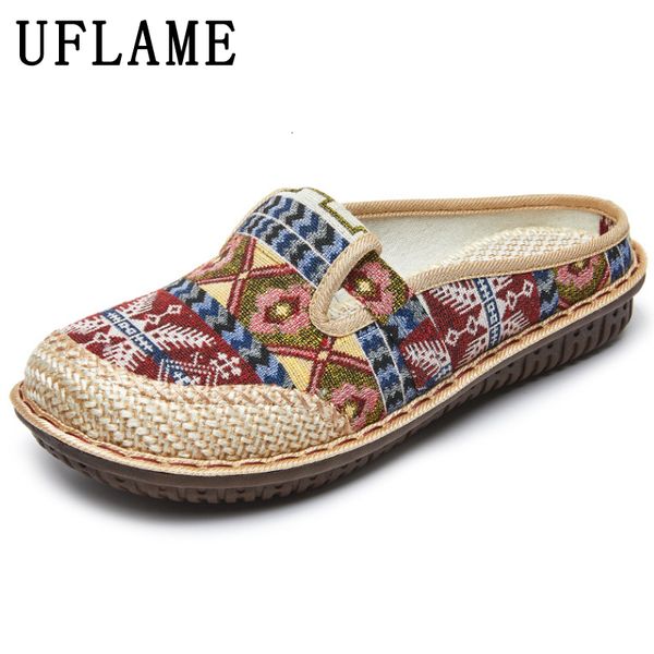 Women Slipper 91 pantofole etniche ricami estivi piatto piatto a cune in stoffa a cuncia