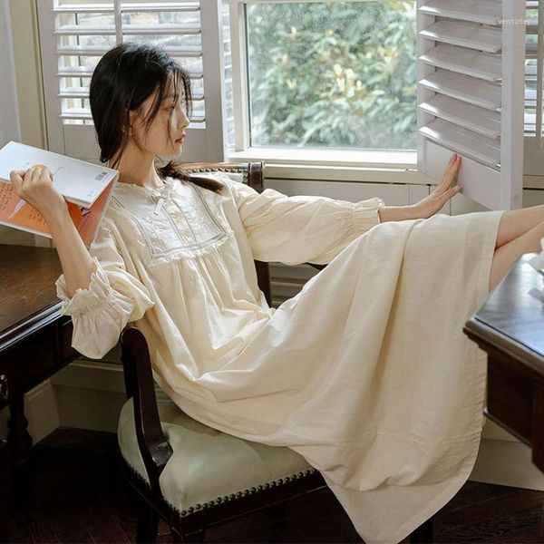 Damen-Nachtwäsche, viktorianisches Nachtkleid aus reiner Baumwolle, Damen-Frühlings-Herbst-Langarm-Prinzessin-Nachtwäsche, besticktes Vintage-loses Nachthemd
