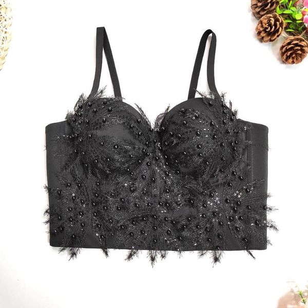 Serbatoi da donna Corsetto ricamato con perle Decorazione floreale in pizzo Reggiseno a camicetta Canotta da donna Tinta unita senza schienale Sexy Crop Top 2023 Estate