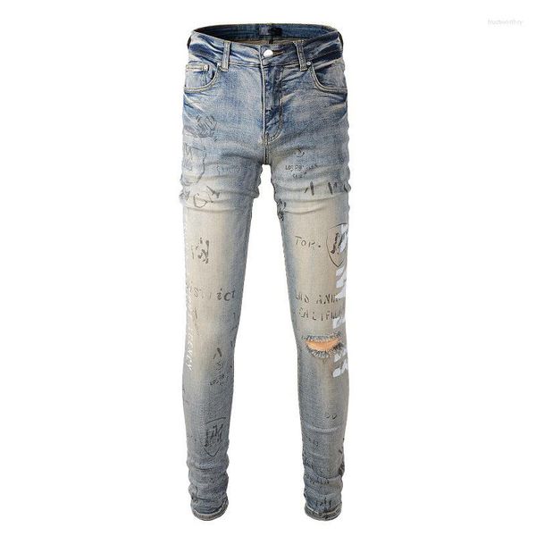 Jeans masculinos 2023 Design AM Fashion Ripped Etter Graffiti Trend Blue for Men Women High Street Slim Denim Calças 869