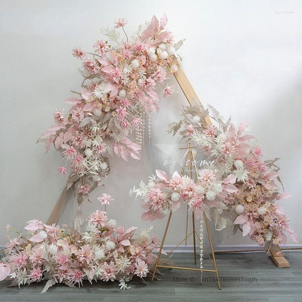Fiori decorativi Serie rosa Palle di spine artificiali Foglie di fiori Righe Composizione floreale Matrimonio Appendere Sfondo fai da te Puntelli da parete Mariage Decor