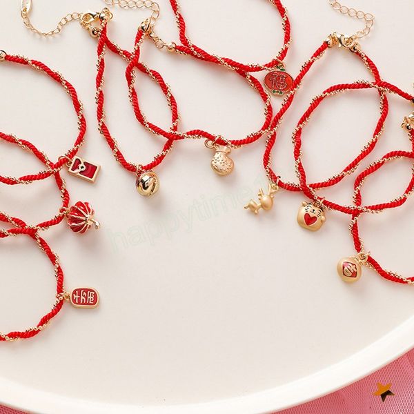 Китайский браслет из красной веревки для женщин для женщин медная бусинка животное кот колокол подвеска для веревки пара
