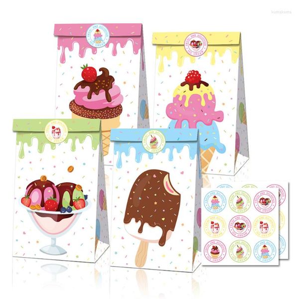 Hediye sargısı 12pcs 2023 çanta kraft kağıt kurabiye şeker çantası çizgi film süslemeleri güzel dondurma popsicle çocuk günü parti malzemeleri