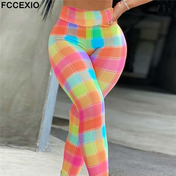 Женские леггинсы fccexio color grid 3D -печать женские брюки отталкивают колготки женские повседневные брюки фитнес -колготки 230520