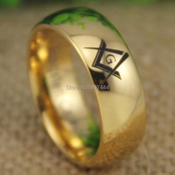 Anéis YGK Anel de tungstênio YGK JÓIAS Vendas quentes 8MM Freemason Masonic Master Gold Color Dome Novo anel de casamento de tungstênio masculino