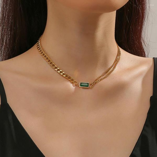 Correntes Ytrkiasy 316l aço inoxidável 18k marinho de ouro vintage colares de corrente de ligação cubana vintage para mulheres jóias de colar de pedra verde