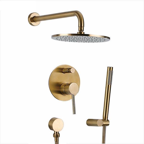 Badezimmer-Duschsets, gebürstetes Gold, massives Messing-Set, Rianfall-Kopf-Badewannen-Wasserhahn, Wandmontage, Deckenarm-Mischer, Wassersystem-Panel, Schwarz