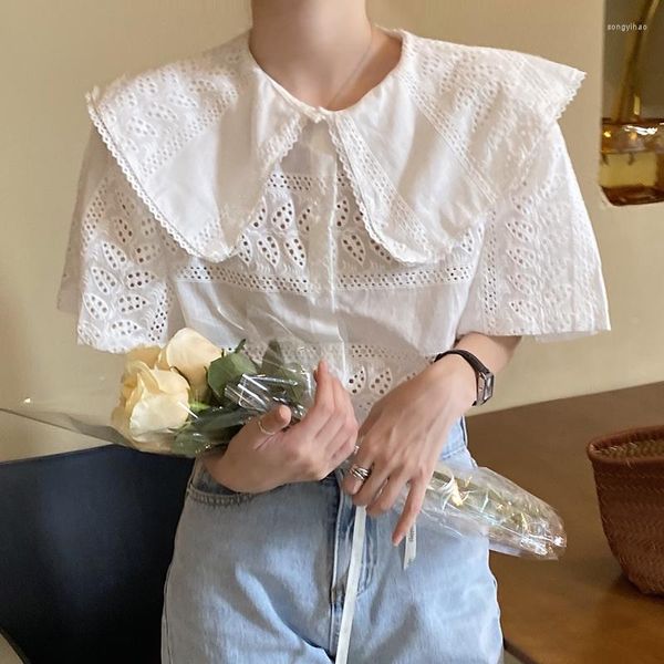 Женские блузкие блузки выпускают вязание крючком белые кружевные рубашки для женщин Summer Blusa Feminina дикая свободная рубашка с коротким рукавом корейские топы