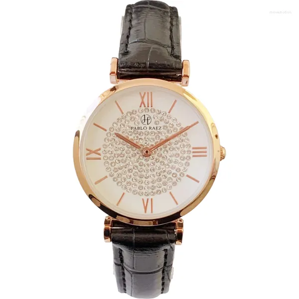 Нарученные часы Pablo Raez Casual Women Gold Watch Black Leather Diamond Dial