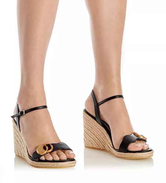 Летние дизайнеры сандалии женщин в клиновых туфелях золото логотипы Marmont Aitana Металлические кожа эспадрильи сандалии.