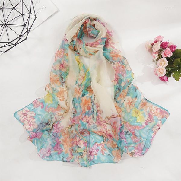 Schals Sommer Farbverlauf Blätter Schal Sonnencreme Hijab Frauen Chiffon Georgette Bandana Blume Gedruckt Weiche Lange Schal