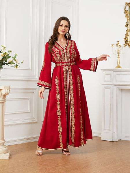 Roupas étnicas Red Kaftan Wedding Marrocos Caftan Dubai Turquia Ramadã Mulheres Longo Dresses Elegantes com Moda de Cinturão feminina