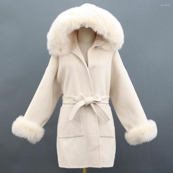Jaquetas de lã feminina para mulheres 2023 casaco com colar de pele real casual moda casual com cinto de capa de caxemira de cais de outono