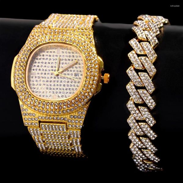 Orologi da polso Hip Hop Women Shine Crystal Iced Out Watch Bracciale con strass pieni pavimentato lusso Rhombus gioielli catena a maglie cubane