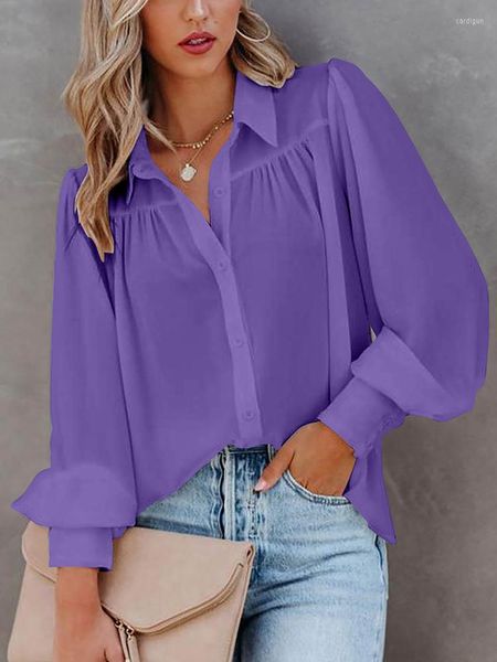 Damenblusen 2023 Sommer Chiffonbluse Damen Langarm Lila Hemd Tops und elegante Büro Button-Down-Shirts für Frauen