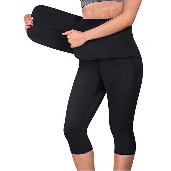 Damen-Shaper, Damen-Saunahose, Caprihose, Fettkontrolle, Schweiß-Leggings mit Taillentrainer, Gürtelhose, Doppelkompressions-Bauchformer