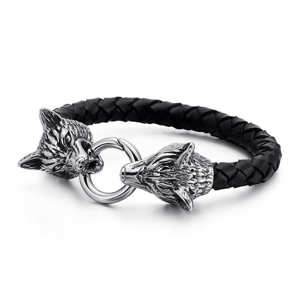 Bangle Moda Quente Cool Homens Punk Cor Esqueleto Aço Inoxidável Duplo Crânio Lobo Cabeça Preto Weave Pulseiras De Couro Jóias