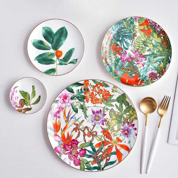 Dinnerware Sets Style Ceramic Rainforest Bowl Plate Spoon Caneca Diy Bone China Craços de mesa de mesa de porcelana Copo e Saucerdinnerware
