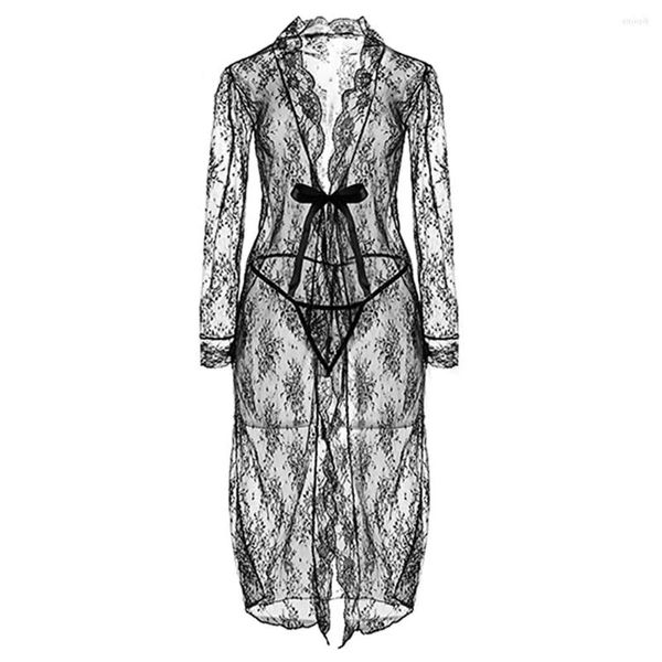 Damen-Nachtwäsche CYHWR Damen Sexy Spitzenperspektive, atmungsaktives Nachthemd, Unterwäsche, schwarzer Mantel, Robe mit Tanga, 2-teilig