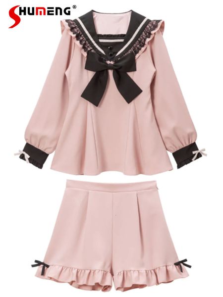 Zweiteilige Damenhose im japanischen Stil, 2-teiliges Outfit, niedliche Langarm-Rüschen, Matrosenkragen, schmale Taille, Schleifenhemden und Shorts, Studentin 230520