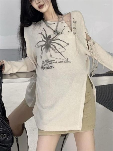 T-shirt da donna QWEEK Maglietta a maniche lunghe beige grunge gotico Donna Y2K Cyber Punk Stampa T-shirt con spalle scoperte Oversize Scava fuori Street Emo