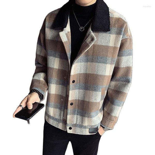 Giacche da uomo 2023 Trench scozzese autunnale e invernale con collo in pelliccia di agnello tartan