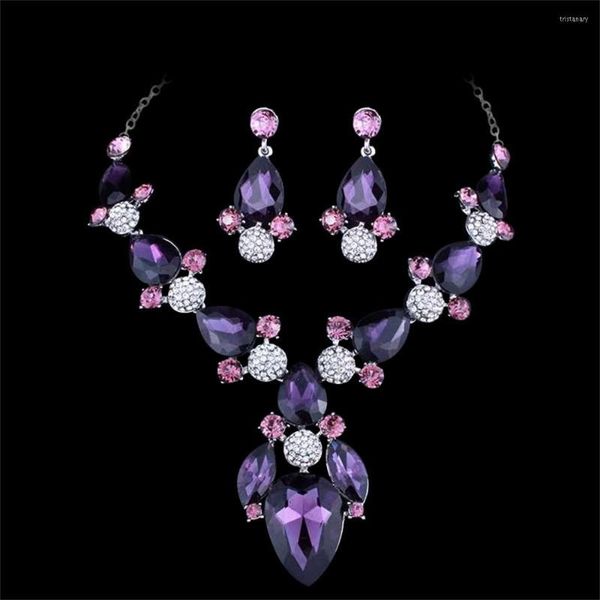 Collana Orecchini Set Incredibile Fiore di Cristallo Rosso Viola Elegante Collare Orecchino Gioielli Regalo Matrimonio Accessori da donna di lusso da sposa