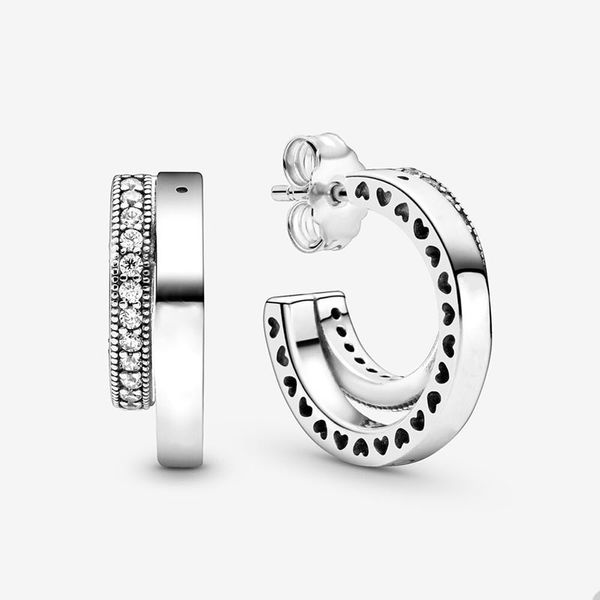 Pavé-Doppel-Creolen für Pandora, echtes Sterlingsilber, Ohrstecker-Set, Designer-Schmuck für Frauen und Mädchen, Luxus-Ohrring mit Kristalldiamanten und Originalverpackung