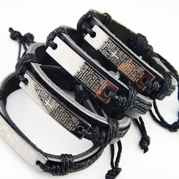 Bangle Venda Quente Religioso 12pcs Aço Inoxidável Preto Couro Bíblia Cruz Pulseiras Bangles Mens Womens Atacado Jóias Lotes A2111