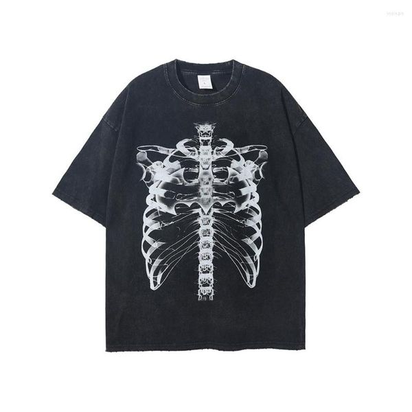 Herren T-Shirts Retro Ripped Skeleton Print Oversize Männer Vintage Grunge Y2k Kleidung Streetwear Unisex Hip Hop T-shirts Baumwolle Tops Tees