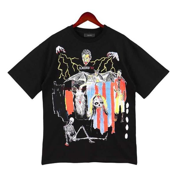 Designer de roupas de moda Amires Tees Am Camiseta Amies Tao Zhes Mesmo Rock Hip Shop Vampire Skull Head Lightning Graffiti Speckle Color Manga Curta Camiseta Luxo Casu