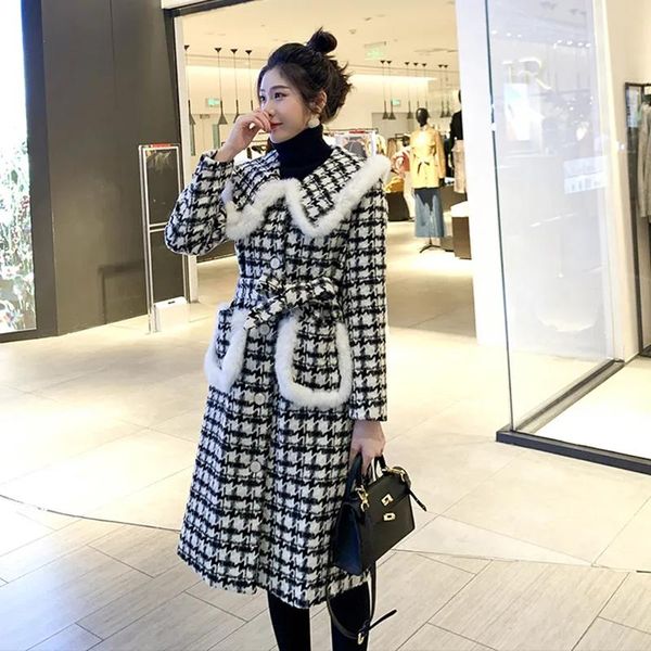 Women's Wool Blends Winter Elegante Houndstooth Long Long Women Women Women Vintage Spliced ​​Pleaid Belted Trench Korean Big Lapeel Lã Outerwear