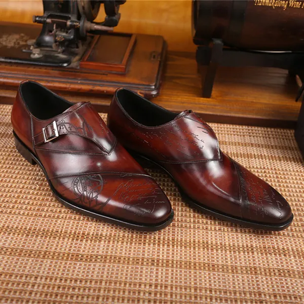 Berluti Sapatos masculinos Monk de couro estampado de alta qualidade, feitos à mão, desenhados à mão, com costura estampada e lisa, confortáveis para uso formal