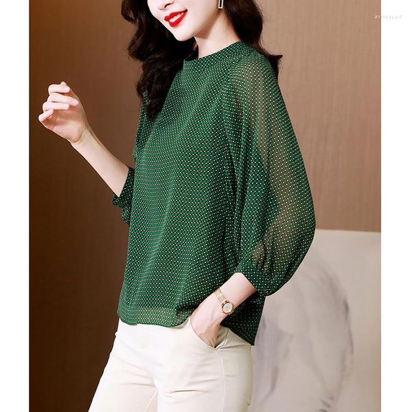 Blouses femininas na primavera de 2023 Hangzhou Blouse Polka Dot Camiseta Big-Name e camisa estrangeira de manga de sete pontos.