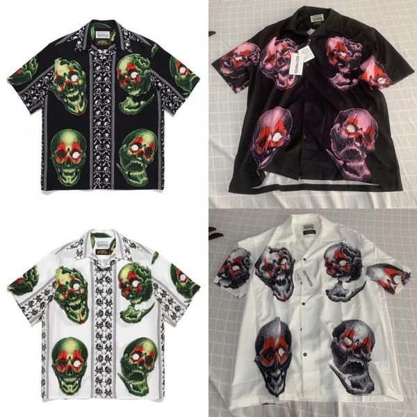 Camisas casuais masculinas 23SS Vintage Wacko Maria Green Tattooed Skull Manga curta Cardigan Hawaiian for Men Women