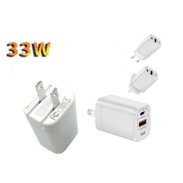 Caricabatterie Max GaN PD QC3.0 da 33 W Ricarica rapida USB Carica rapida Adattatore di alimentazione CA con spina US / EU / UK Ricarica per Samsung Xiaomi Huawei per iPhone 14 Pro Max 13 12 11